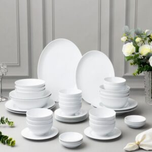 Bộ bát đĩa ăn châu Á 38 món (đĩa tròn, bát cơm 11,4cm cho 6 người) sứ trắng | Art Stage 1609L - D038AS